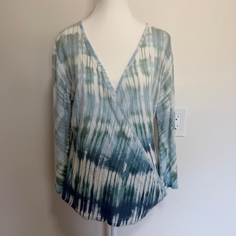 NIC+ZOE Linen Blend Tie Dye Wrap Cardigan Medium Blue Green Open Front Sweater